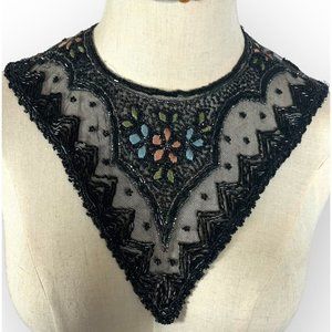 Antique Victorian Late 1800s Collar Black Jet & Glass Beads Embroidered Triangle